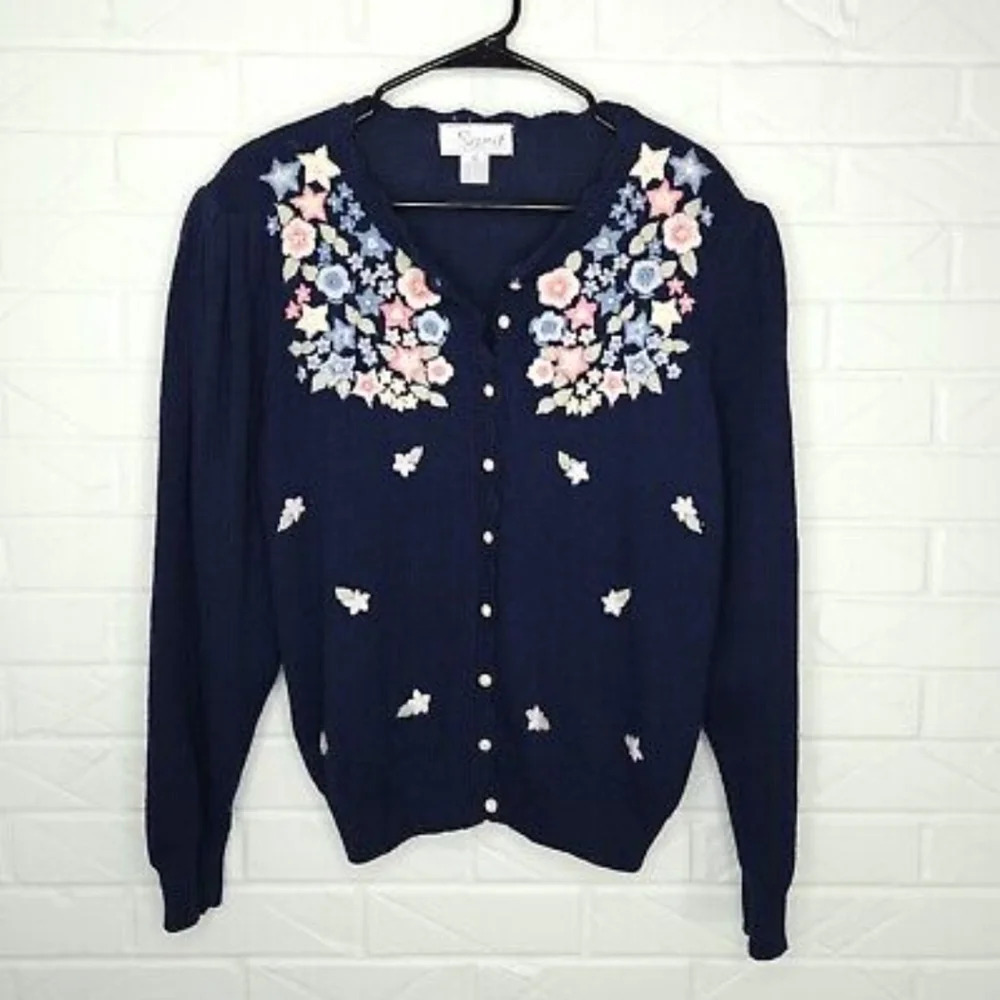 Vintage 80s Cabincore sweater Navy Embroidered Flowers Faux pearl buttons L